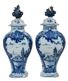 Pair of Continental Delft Lidded Vases