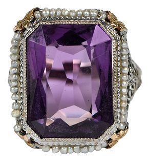 14kt. with 18kt. Accent Gold, Filigree Amethyst and Seed Pearl Ring