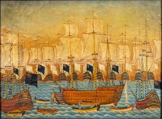 Initial Signed, Folk Art Painting of Masted Ships