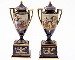 Pair of Royal Vienna Signed Porcelain Lidded Urns