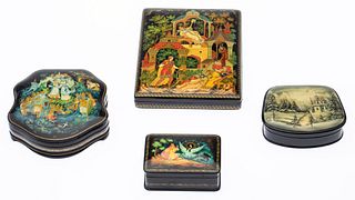 3 Russian Lacquer Boxes & Another Russian Style Box