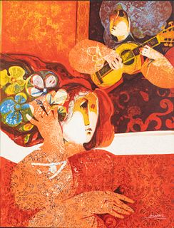 Sunol Alvar (b. 1935) Woman & Musician, Litho