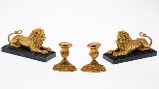 Pair Louis XV Style Gilt Metal Candlesticks & Pair Lions