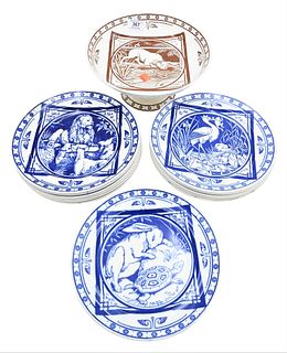 Set of 13 Earthenware Dinner Plates and Compote