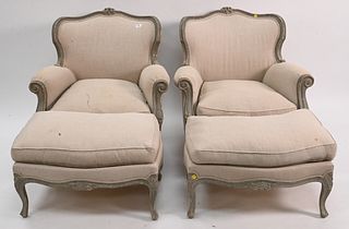 A Pair of Louis XV Style Bergeres and Ottomans