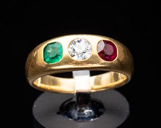 18k Gold Diamond, Emerald and Ruby Ring