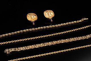 Four 14K Gold Bracelets and a Pair of Earrings