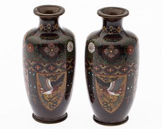 Pair Japanese Cloisonne Goldstone Vases, Late 19th C