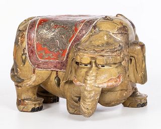 Chinese Painted Wood Elephant Stool, 19th C
