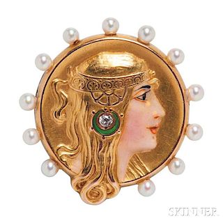 Art Nouveau 14kt Gold, Enamel, and Pearl Watch Pin, Alling & Company