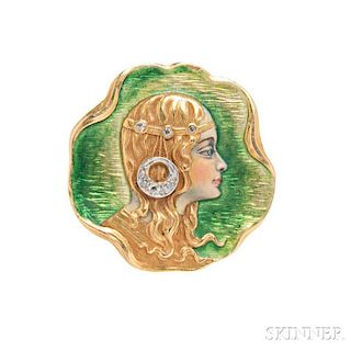 Art Nouveau 18kt Gold, Enamel, and Diamond Watch Pin