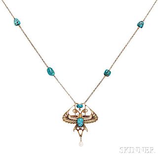 Art Deco Gold, Turquoise, Plique-a-jour Enamel, and Diamond Necklace/Brooch,