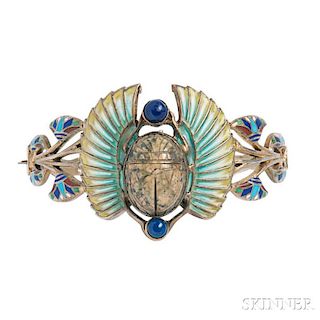 Art Deco Egyptian Revival Gilt-silver, Enamel, and Lapis Bracelet