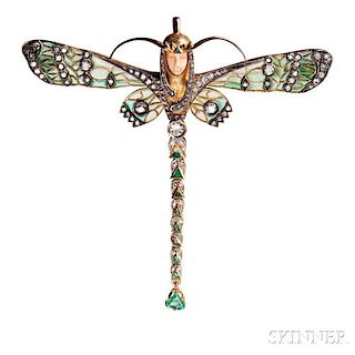 Art Nouveau 18kt Gold, Diamond, Emerald, Ivory, and Plique-a-jour Enamel Brooch/Pendant, Masriera y Carreras