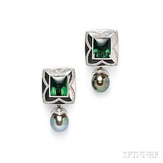 18kt White Gold, Green Tourmaline, and Tahitian Pearl Day/Night Earclips, Stephen Webster