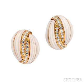18kt Gold, White Coral, and Diamond Earclips, Charles Turi