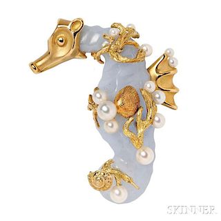 18kt Gold, Blue Chalcedony, and Cultured Pearl Brooch, Seaman Schepps