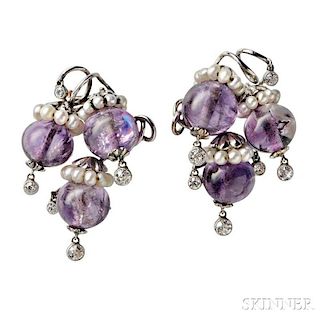 Pair of 14kt Gold, Amethyst, Freshwater Pearl, and Diamond Brooches, Seaman Schepps