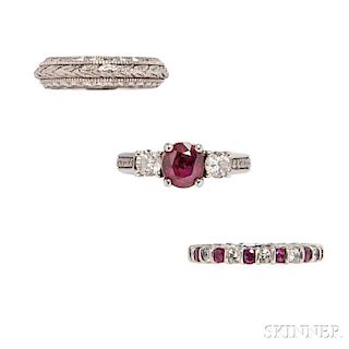 Platinum, Ruby, and Diamond Ring and Two Platinum Bands,
