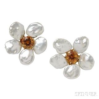 18kt Gold, Citrine, and Freshwater Pearl Earrings, Seaman Schepps