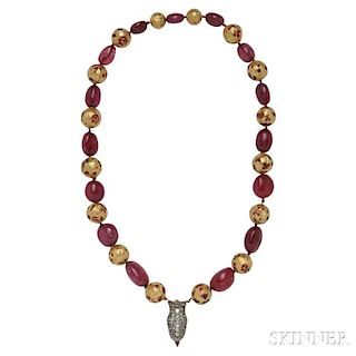 Gold, Ruby Bead, and Diamond Necklace