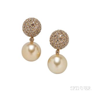 18kt Gold, Colored Diamond, and South Sea Pearl Day/Night Earrings