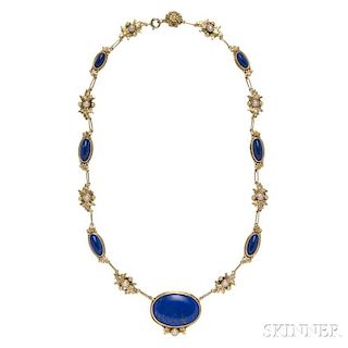 Arts and Crafts 18kt Gold, Lapis, and Seed Pearl Necklace, Margaret Rogers