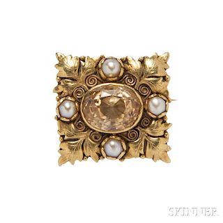 Arts and Crafts 18kt Gold, Citrine, and Seed Pearl Brooch, Margaret Rogers