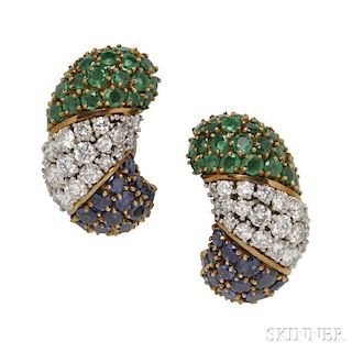 18kt Gold, Sapphire, Diamond, and Emerald Earclips