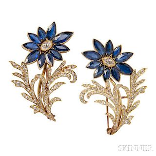 Pair of 18kt Gold, Sapphire, and Diamond Brooches