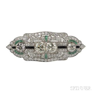 Art Deco Platinum, Diamond, Onyx, and Emerald Brooch