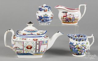 Four pieces of English chinoiserie decorated porcelain, 19th c., teapot - 6'' h.