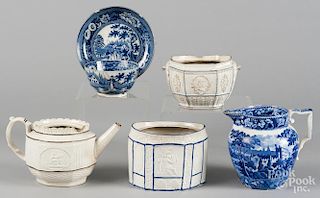 Six pieces of English pearlware, 19th c., to include a teapot and matching sugar