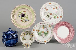 Two spatter plates, together with a pearlware strawberry pattern plate and shallow bowl, 8''-10'' dia.