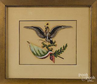 Two patriotic feather pictures of eagles, 7 1/4'' x 9 1/2''.