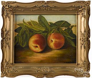 American oil on canvas still life with peaches, 19th c., signed S.E. Davis, 8'' x 10''.