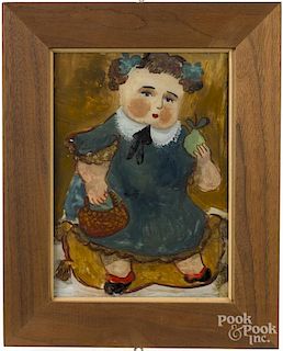 Reverse painting of a girl with a pear, 8 1/2'' x 6''.