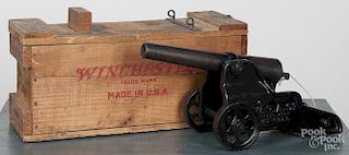 Winchester cast iron breech loading signal cannon, early 20th c., with original wood shipping crate