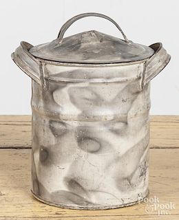 Painted tin canister, 19th c., with smoke decoration, 8'' h.