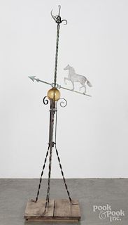 Copper and iron lightning ball and rod with a zinc horse weathervane, 19th c., 69'' h.