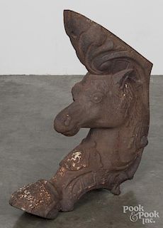 Large cast iron figural horse head base, late 19th c., possibly off a carousel.