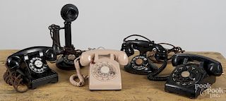 Five vintage telephones, to include a Western Electric rotary, a candlestick example, etc.
