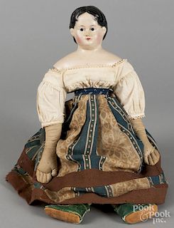Papier-mâché doll, bearing a Greiner paper label, in a period outfit, 18 1/2'' h.