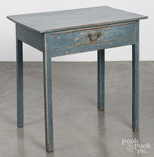 Painted pine work table, 19th c., retaining an old blue surface, 28'' h., 30'' w.