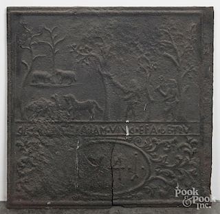 Bucks County, Pennsylvania cast iron Adam and Eve stove plate, dated 1741, 27'' square.
