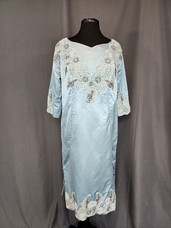 Vintage Aqua Blue Satin & Sequin Dress