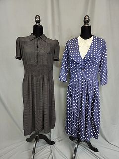 2 Vintage c1970s Dresses - Black, Blue Dots