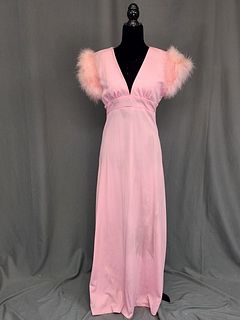 Vintage Pink Polyester Gown with Feathers - As Is