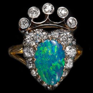 OPAL AND DIAMOND CROWNED HEART CLUSTER RING,