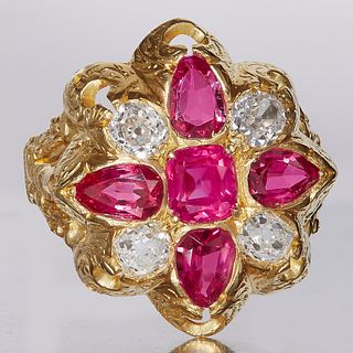 CERTIFICATED BURMA RUBY AND DIAMOND CLUSTER RING,